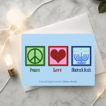 Peace Kärlek Hanukkah Cute Anpassningsbar Blue Julkort<br><div class="desc">Fredskort Kärlek Hanukkah för en judisk person som gillar att fira Chanukah. Ett söt fredstecken,  hjärta och en vacker menorah på ett sött blått helgdag kort.</div>