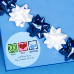 Peace Kärlek Hanukkah Cute Anpassningsbar Gift Runt Klistermärke<br><div class="desc">Anpassningsbar Peace Kärlek Hanukkah-klistermärken för en Chanukah-gåva eller ett parti. Ett söt fredstecken,  hjärta och en vacker menorah på en söt blå judisk helgdag-dekal.</div>