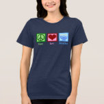 Peace Kärlek Hanukkah Kvinnors T Shirt<br><div class="desc">Peace Kärlek Hanukkah-kvinnors t-shirt för en judisk person som gillar att fira Chanukah. Ett söt fredstecken,  hjärta och en vacker menorah.</div>