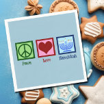 Peace Kärlek Hanukkah Menorah Cute Blue Party Pappersservett<br><div class="desc">Peace Kärlek Hanukkah napkin för en judisk person som gillar att fira Chanukah. Ett söt fredstecken,  hjärta och en vacker menorah på blå party-blöjor.</div>