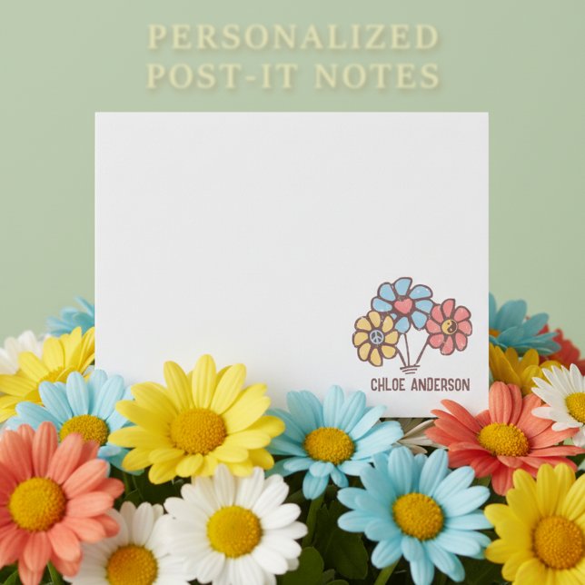 Peace Kärlek Harmony 60-talets Retro-Daisy med Nam Post-it Block (🌼Retro daisies post it notes with custom name. 🌼)