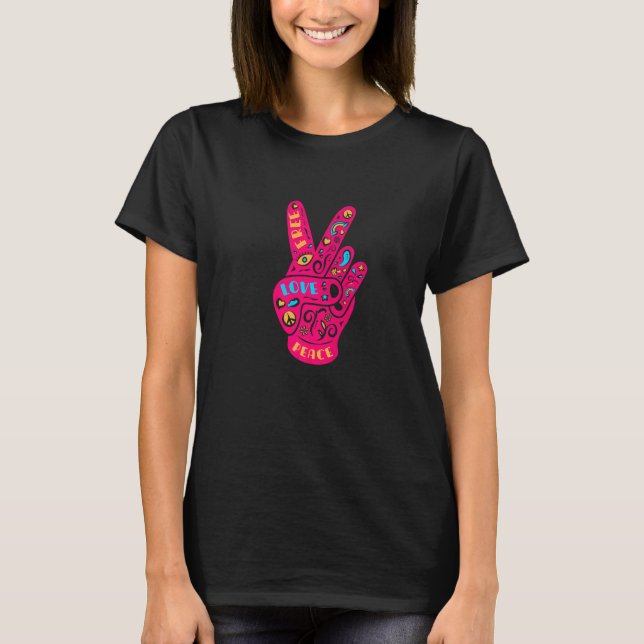 Peace Kärlek Harmony Victory Hand undertecknar fre T Shirt (Framsida)