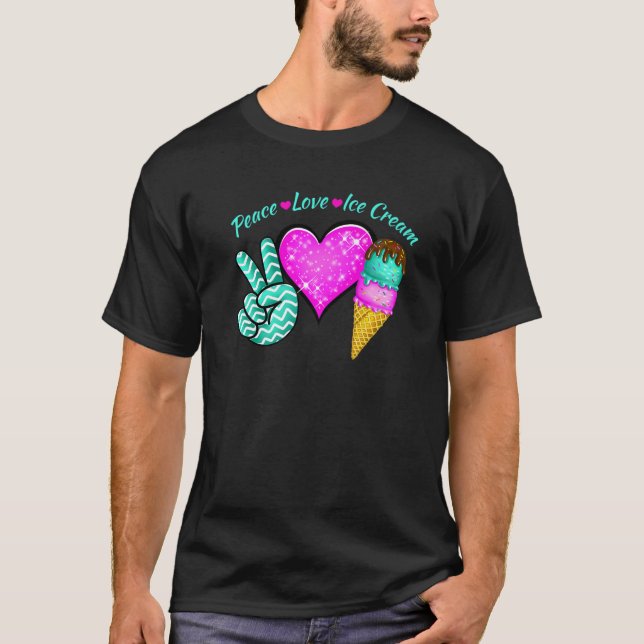 Peace Kärlek Heart Ice Cream Teal Rosa Sweets Älsk T Shirt (Framsida)