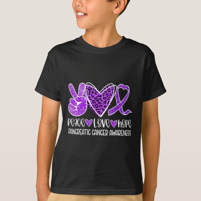 Peace Kärlek Hope Leopard Lila Pancreatic Cancer A T Shirt (Framsida)