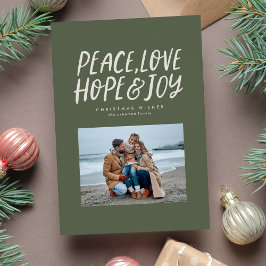 Peace kärlek hoppas på julfoto av grönten julkort