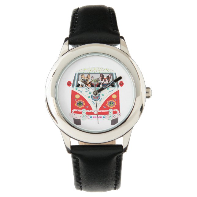 Peace Kärlek Hundar Hippie Van Fransk Bulldog Armbandsur (Framsida)