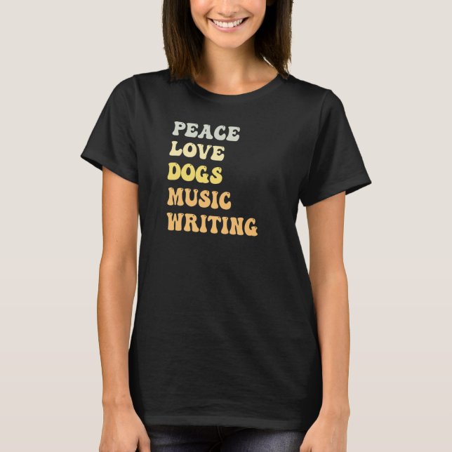 Peace Kärlek Hundar Music Writing Retro T Shirt (Framsida)