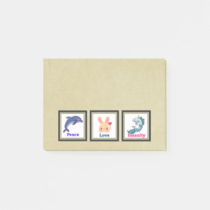 Peace Kärlek Insanity med Dolphin Bunny Unicorn Post-it Block