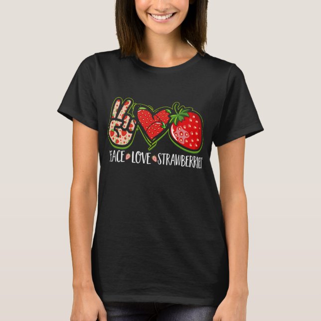 Peace Kärlek-jordgubbar Frukt Berries Cute Strawbe T Shirt (Framsida)