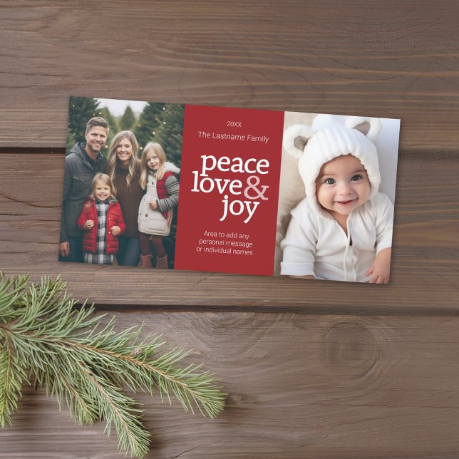 Peace Kärlek Joy - 2 foto - röda prickar Julkort (Add 2 photos to this Christmas Card with a modern design. Download option available.)