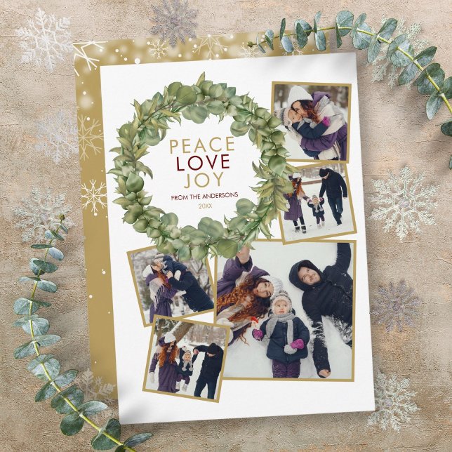 Peace Kärlek Joy 5 Photo Greenery Wandejul Julkort (Peace Love Joy 5 Photo Greenery Wreath Christmas Holiday Card)