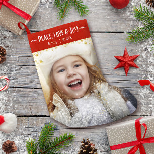 Peace Kärlek Joy Anpassningsbar Photo Guld Stars N Liten Julstrumpa