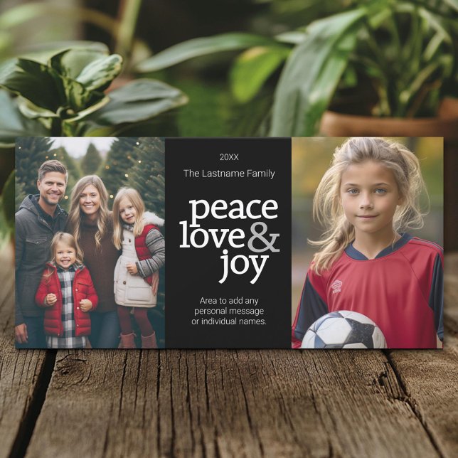 Peace Kärlek & Joy - Black - 2 foton Julkort (Create A Personal Holiday Photo Card)