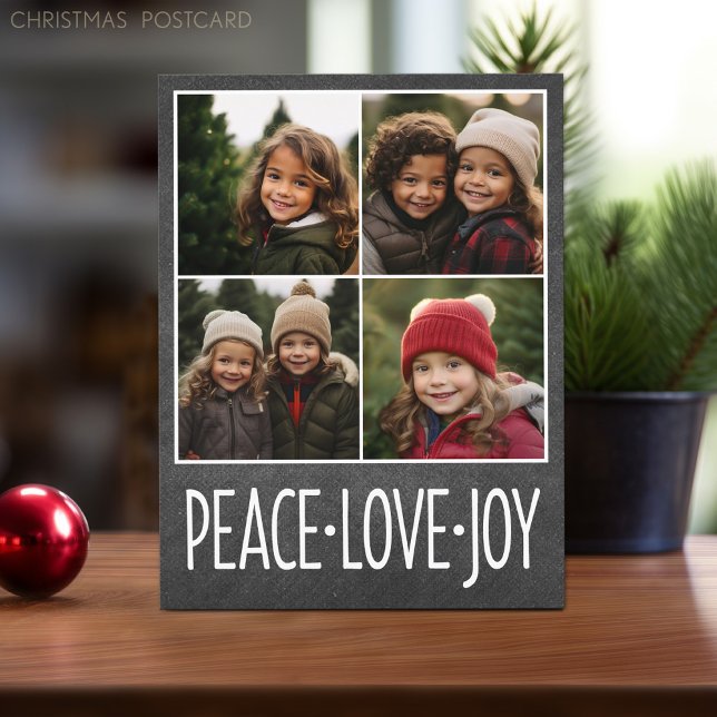 Peace Kärlek Joy Chalkboard 4 Photo Collage Helg Vykort (Christmas Postcard with 4 photos)