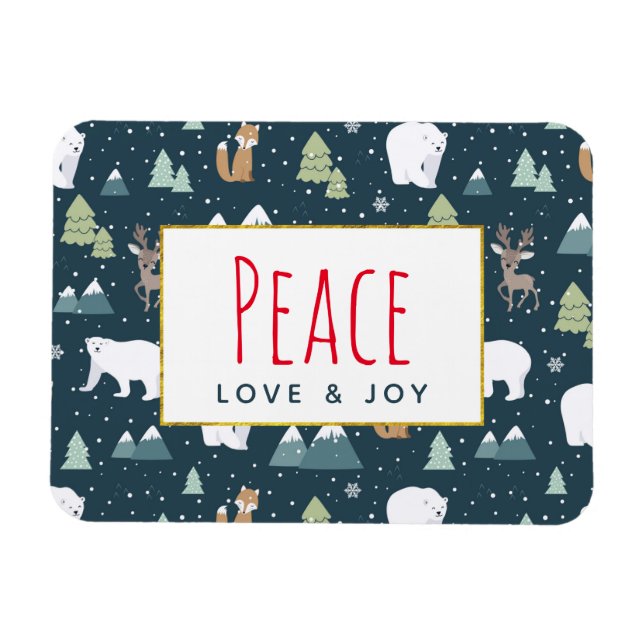 Peace Kärlek & Joy Cute Jul Animals Mönster Magnet (Horisontell)