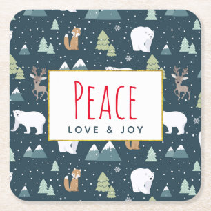 Peace Kärlek & Joy Cute Jul Animals Mönster Underlägg Papper Kvadrat