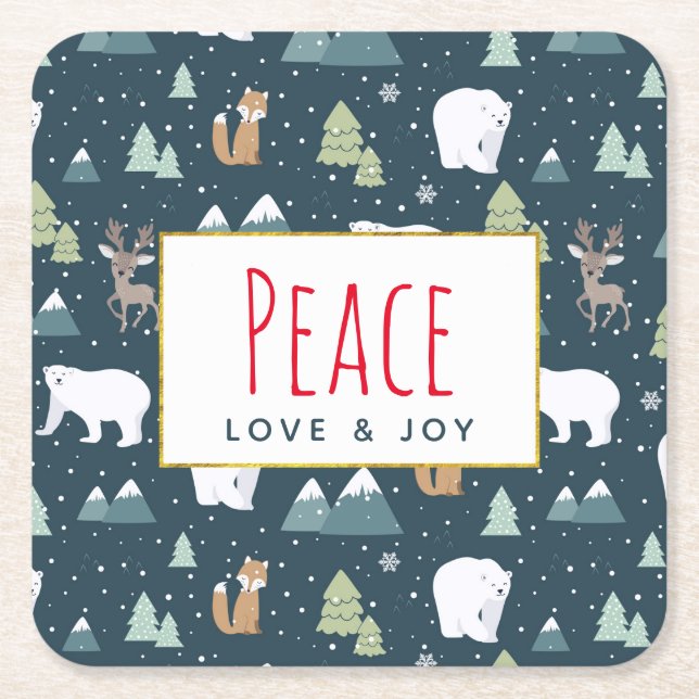 Peace Kärlek & Joy Cute Jul Animals Mönster Underlägg Papper Kvadrat (Framsidan)