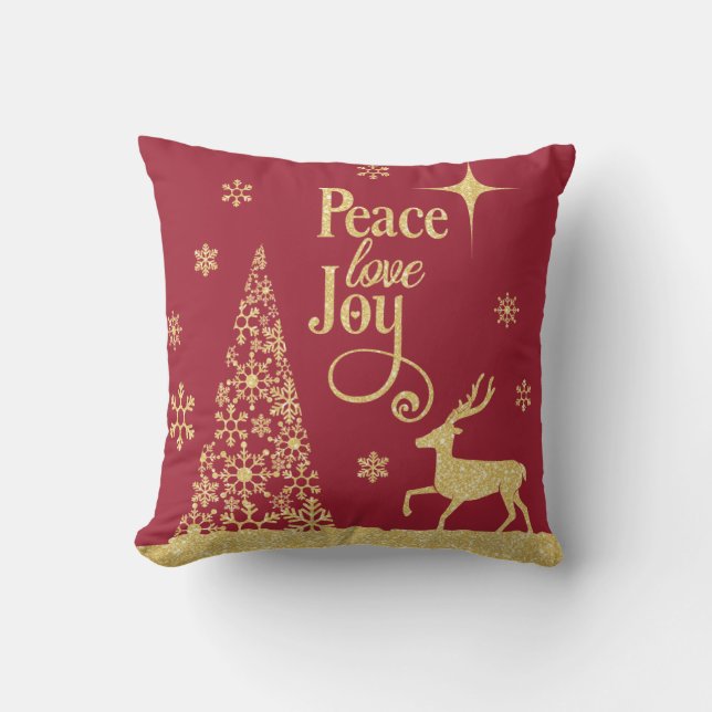 Peace Kärlek Joy Guld Glitter Red Julgran  Kudde (Framsida)
