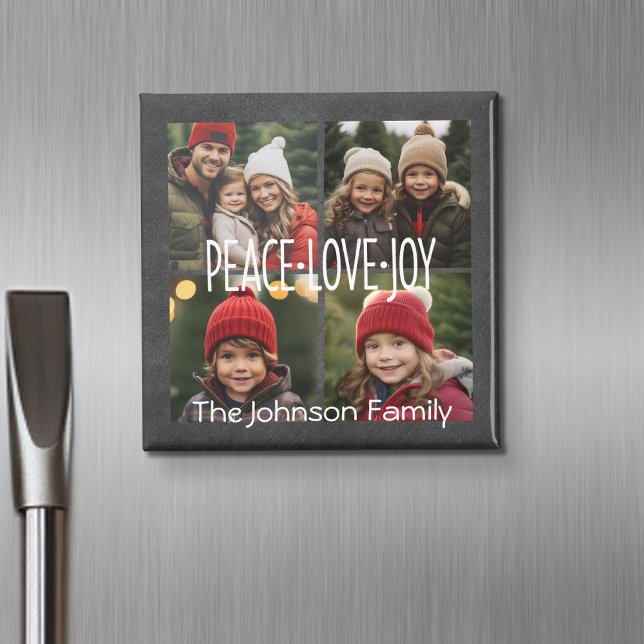 Peace Kärlek Joy Helgdag Chalkboard Photo Collage Magnet (Personalized fridge magnet with photos and custom text)