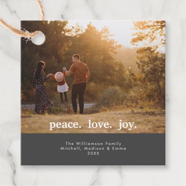 Peace Kärlek Joy Helgdag-julfamiljfoto Gåvor Etiketter (Framsida)