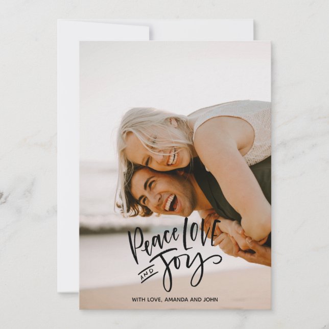 Peace Kärlek Joy Helgdagars Lodrät Photo | Svart Julkort (Framsida)