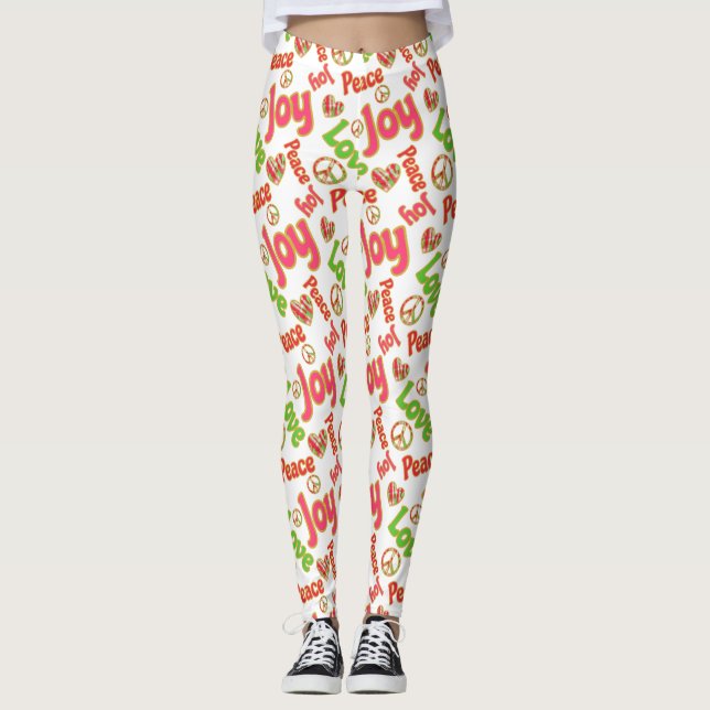 Peace Kärlek Joy Hippie Boho Retro jul Helgdag Leggings (Framsida)