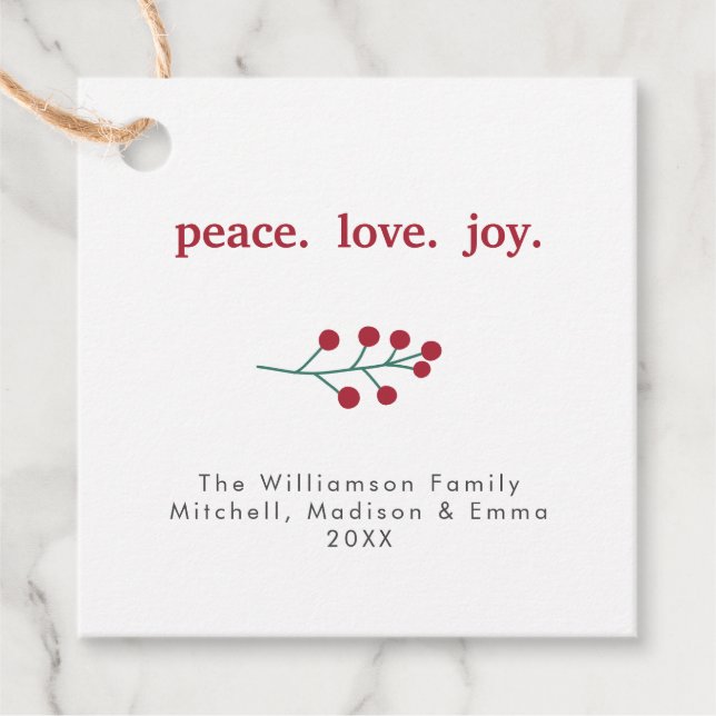 Peace Kärlek Joy Holly Berries Helgdag jul Gåvor Etiketter (Framsida)