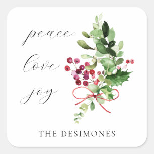 Peace Kärlek Joy Holly Berry Helgdag Fyrkantigt Klistermärke