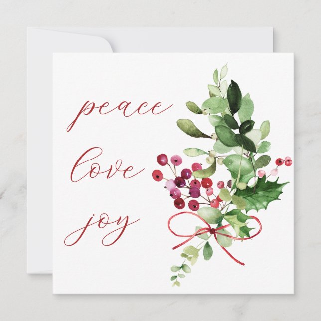 Peace Kärlek Joy Holly Berry Red Julkort (Framsida)
