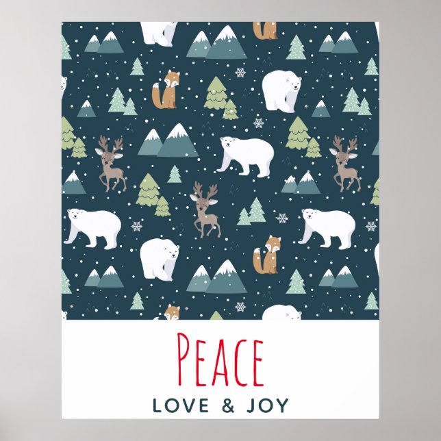Peace Kärlek & Joy Jul Animals Mönster Poster (Framsidan)