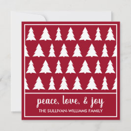 Peace Kärlek Joy Modern Burgundy White Träd Mönste Julkort