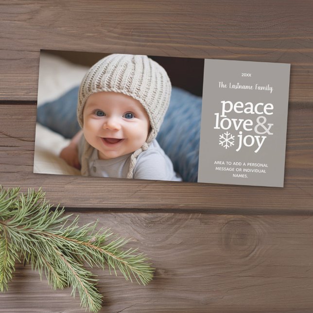 Peace Kärlek Joy - Modern Photo - Taupe Julkort (Add 1 photo to this classic photo card that can be printed or sent out to friends and family.)