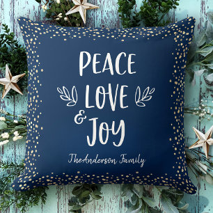 Peace Kärlek Joy Modern Script Guld Dots Navy Namn Kudde