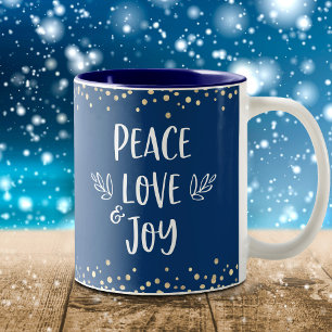 Peace Kärlek Joy Modern Typography Guld Dots Navy Två-Tonad Mugg