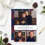 Peace Kärlek Joy Navy Tartan Play Photo Collage Julkort<br><div class="desc">Eleganten "Peace, Kärlek & Joy", julfotosamlingskort med en klassisk marinblått, jägare grönt och röd skotsk tartan i gräns med en minimal skarp vit bakgrund som belyser dina tre (3) favoritfoton av helgdag. Den moderna och stiliga texten om kol-grått kan vara helt personlig för din familj. Den diagonala plattan mönster upprepar...</div>