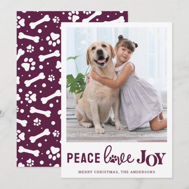 PEACE KÄRLEK JOY Personlig Plum Hund Pet Photo Julkort (Fram/baksida)