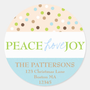 Peace Kärlek Joy Polka dots i Blue Runt Klistermärke