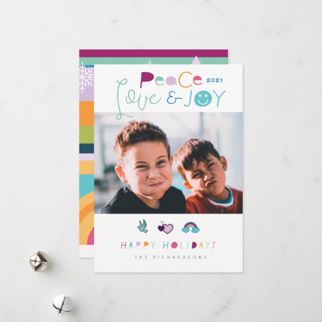 Peace Kärlek & Joy Roligt Bright jul Emoji Photo Julkort (Fram/Back In Situ)