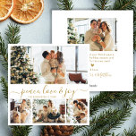 Peace Kärlek Joy Script 4 Photo Collage jul Julkort<br><div class="desc">Modern Peace, Kärlek & Joy Script 4 Photo Collage jul-kort i Guld och White. Detta minimalistiska julkort har en 4-fotorasterkollage på framsidan och ett extra-foto på baksidan. Hälsning, "Peace, Kärlek & Joy", är elegant handskrivet i kalligrafin i guld på en ren vit bakgrund och erbjuder en chic och en modern...</div>