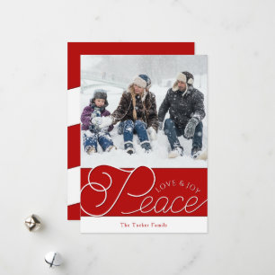 Peace Kärlek Joy Script Red & White Photo jul Julkort