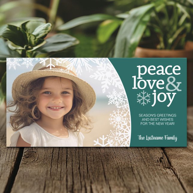 Peace Kärlek Joy - Snöflingor och 1 Photo - Teal Julkort (Custom Holiday Photo Card)