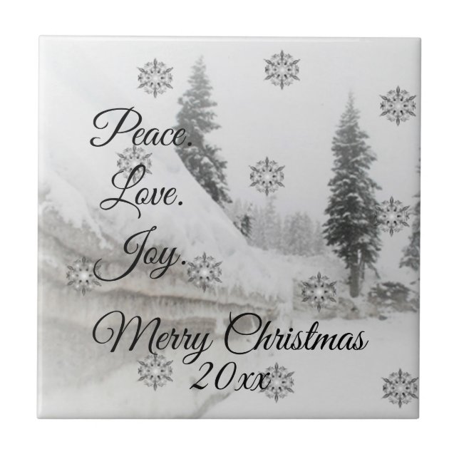 Peace Kärlek Joy | Svart och vitt snöfall jul Kakelplatta (Framsidan)