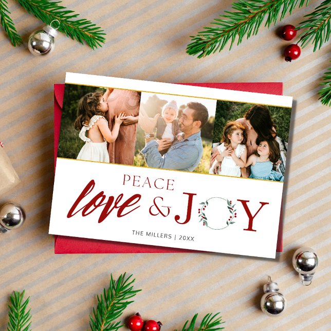 Peace Kärlek Joy Three Photo Family jul Julkort (Peace Love Joy Three Photo Family Christmas Holiday Card)