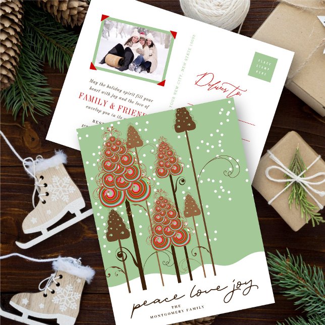 Peace Kärlek Joy Whimsical Julgran och Snö Helg Vykort (Skapare uppladdad)