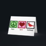 Peace Kärlek-kardinaler Helgkort<br><div class="desc">En söt kardinalgåva med fredstecken,  hjärta och vacker röd fågel. En söt fågelgåva till en fågelvaktare som kärlek är vacker och tittar på och samlar in coola fåglar presenter. Fredskardinalerna i Kärlek.</div>