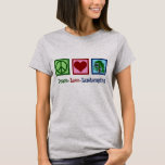 Peace Kärlek Landscaping T-shirt<br><div class="desc">Peace Kärlek Landscaping julklapp till ett landskapsvård som är expert på trädgårdsodling och som förvandlar varvet eller gräsmatta till söt flora och fauna. En söt present till någon som perfekt föreställer sig din gräsmatta gräs och blommor eller ett arboristiskt företag som utför putsning av träd. Utformning av kutym gräsmatta.</div>