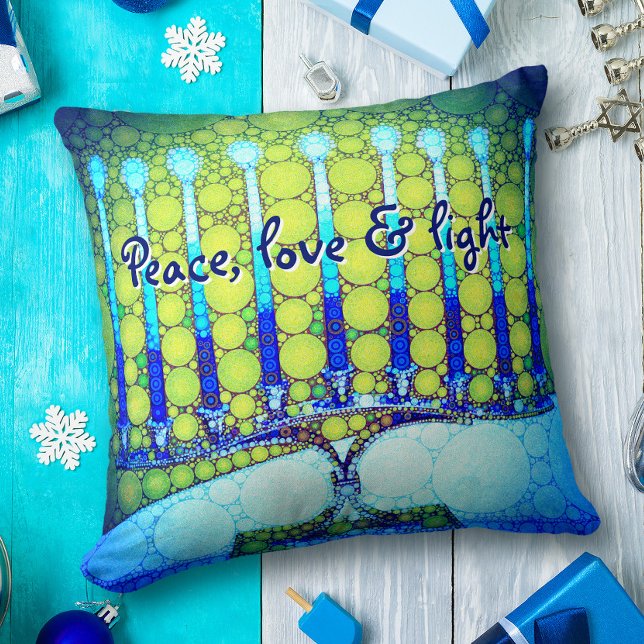 Peace Kärlek Light Bold Blue Grönt Hanukkah Menora Kudde (Skapare uppladdad)