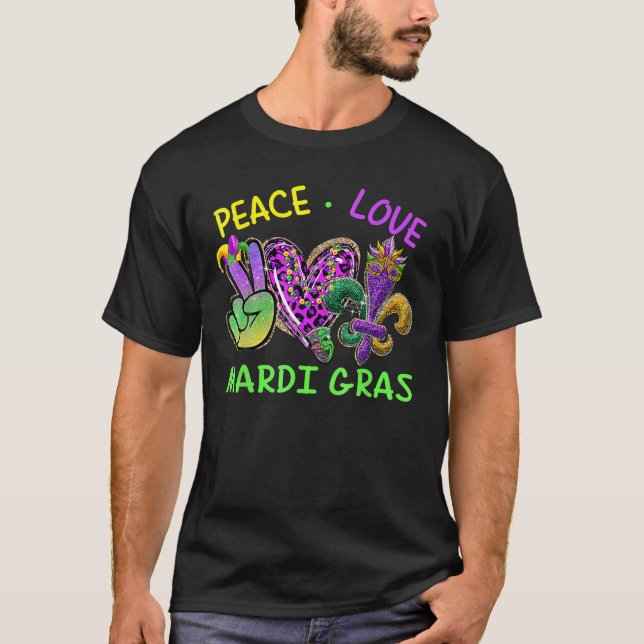 Peace Kärlek Mardi Gras Leopard Heart, Mardi Gras  T Shirt (Framsida)