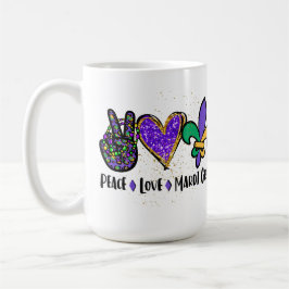 PEACE KÄRLEK MARDI GRAS LILA GRÖNT GULD KAFFEMUGG