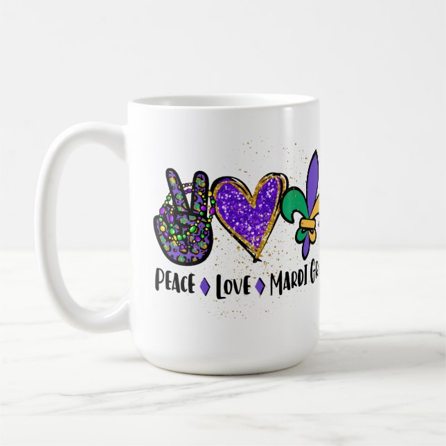 PEACE KÄRLEK MARDI GRAS LILA GRÖNT GULD KAFFEMUGG (Vänster)